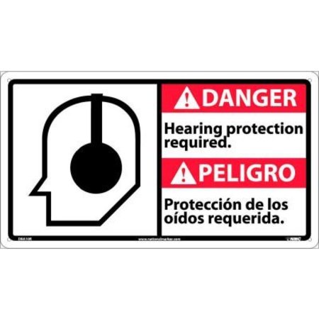 NATIONAL MARKER CO Bilingual Plastic Sign - Danger Hearing Protection Required DBA10R